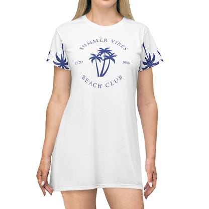 Summer Vibes Beach Club Palm Tree T-Shirt Dress — Confident Coastal Casual