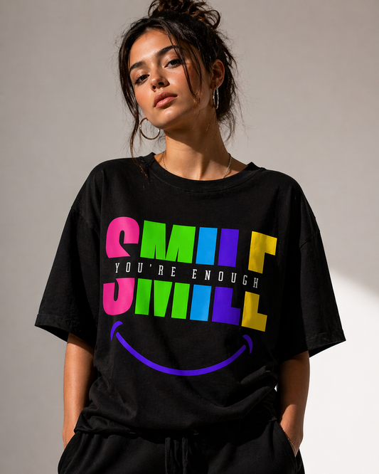 “Smile, You’re Enough” Graphic T-Shirt | Motivational Colorful Tee | Positive Affirmation Shirt
