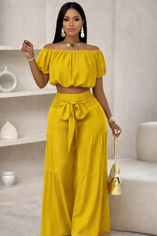 Elegant Off-Shoulder Crop Top and Ruched Wide Leg Pants Set